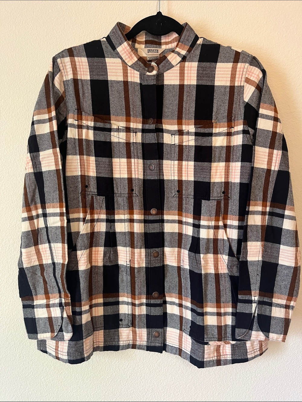 Duluth Trading Co Plaid Flannel Tunic Shacket - S - cream, brown, black